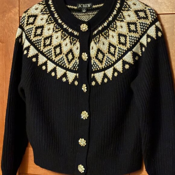 J Crew Fair Isle Black White & Gold Button Down Jewelled Buttons Cardigan Sz S - Picture 4 of 6